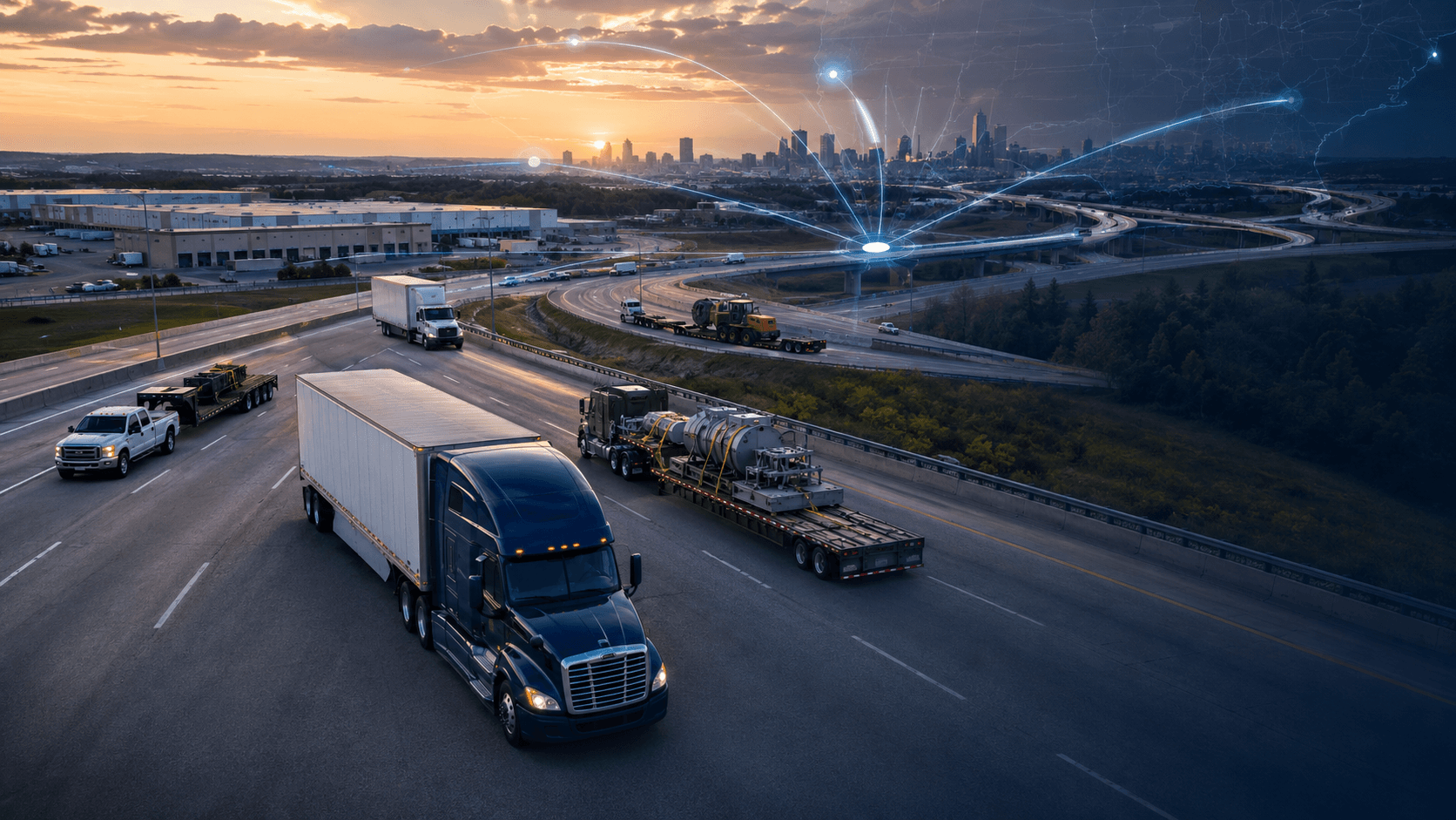 Trucks on U.S. freight lanes representing equipment fit and lane planning