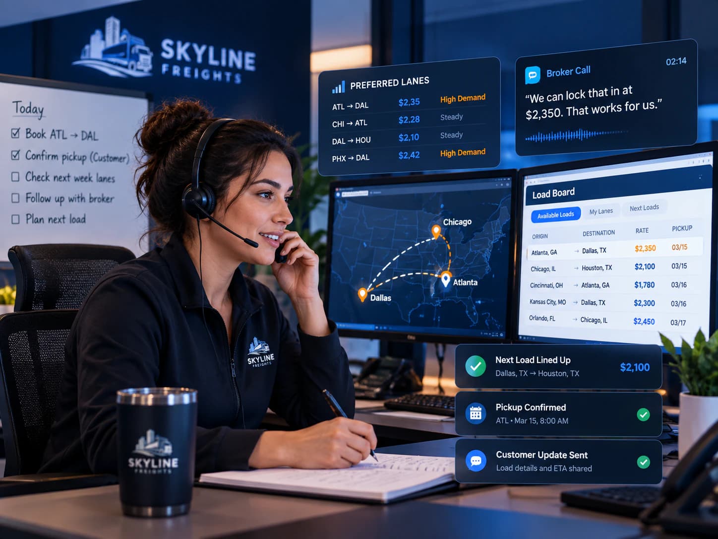 Skyline Freights dedicated dispatcher negotiating rates, planning preferred lanes, coordinating loads, and communicating with brokers and customers
