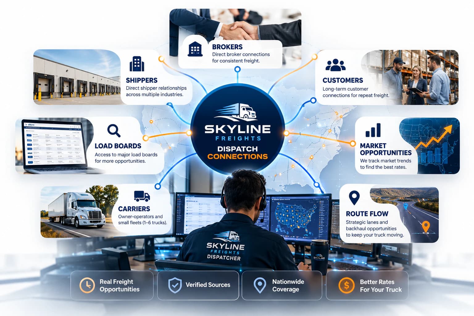 Skyline Freights dispatch connection ecosystem linking brokers, shippers, customers, load boards, market opportunities, carriers, and route flow